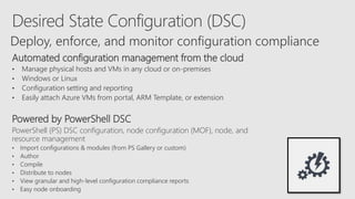 Automated configuration management from the cloud
• Manage physical hosts and VMs in any cloud or on-premises
• Windows or Linux
• Configuration setting and reporting
• Easily attach Azure VMs from portal, ARM Template, or extension
Powered by PowerShell DSC
PowerShell (PS) DSC configuration, node configuration (MOF), node, and
resource management
• Import configurations & modules (from PS Gallery or custom)
• Author
• Compile
• Distribute to nodes
• View granular and high-level configuration compliance reports
• Easy node onboarding
Deploy, enforce, and monitor configuration compliance
 