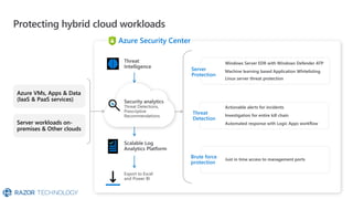 Server
Protection
Threat
Detection
Brute force
protection
Azure VMs, Apps & Data
(IaaS & PaaS services)
Server workloads on-
premises & Other clouds
Windows Server EDR with Windows Defender ATP
Linux server threat protection
Machine learning based Application Whitelisting
Actionable alerts for incidents
Investigation for entire kill chain
Automated response with Logic Apps workflow
Just in time access to management ports
Azure Security Center
Protecting hybrid cloud workloads
Export to Excel
and Power BI
Threat Detections,
Prescriptive
Recommendations
 