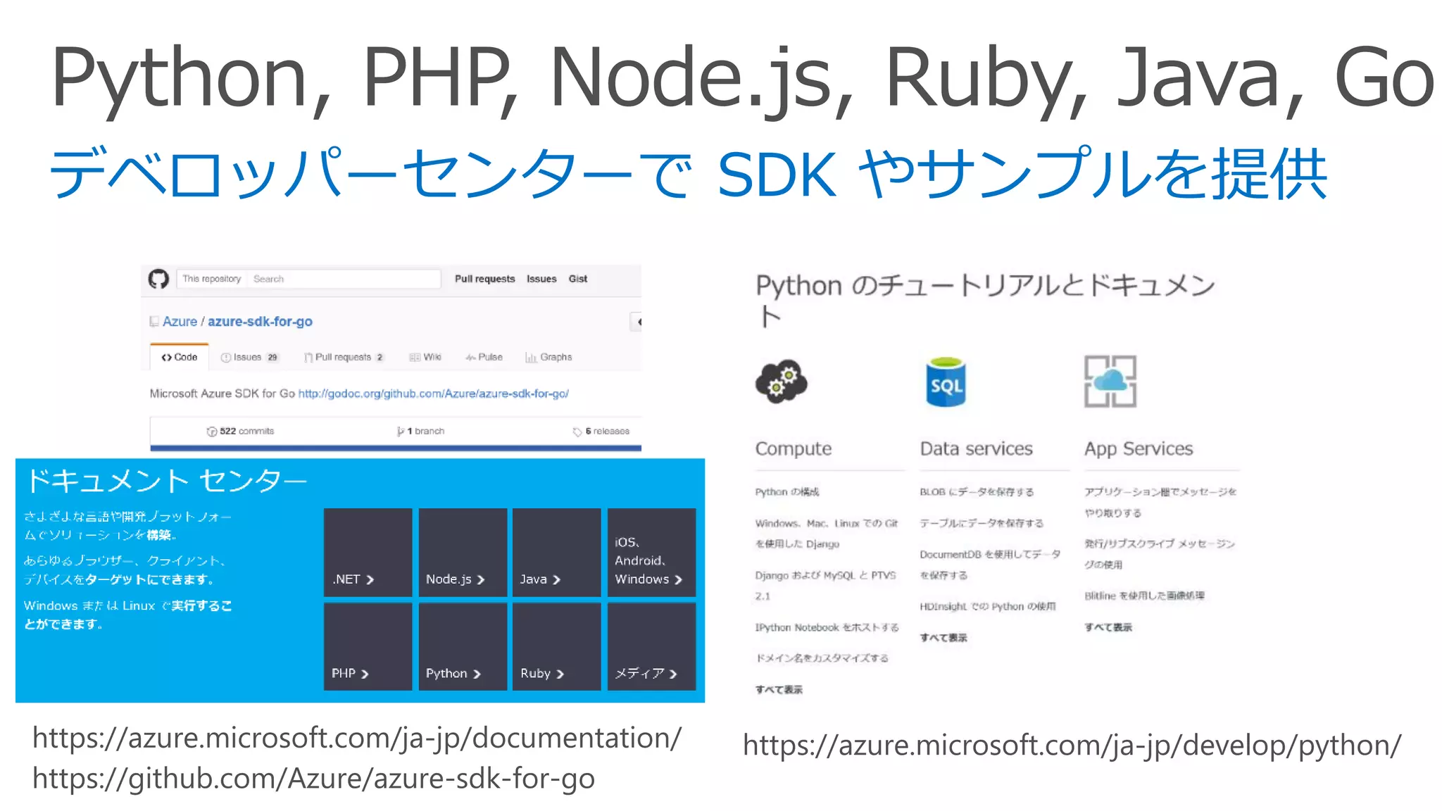 https://azure.microsoft.com/ja-jp/documentation/
https://github.com/Azure/azure-sdk-for-go
https://azure.microsoft.com/ja-jp/develop/python/
 