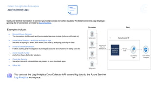 Azure Sentinel Logs
Collect the right data for Analysis
Use Azure Sentinel Connectors to connect your data sources and collect log data. The Data Connectors page displays a
growing list of connectors provided by Azure Sentinel.
Examples include:
● Microsoft/Azure Services
- The connectors for Microsoft and Azure-related services include (but are not limited to):
● Azure Active Directory - audit logs and sign-in logs
- See who is signing in, when, from where, and how by analyzing your sign-in data.
● Azure AD Identity Protection
- Further auditing and investigation of privileged accounts and what they’re being used for.
● Azure Security Center
- Alerts from Azure Defender solutions
● Cloud App Security
- See what risks and vulnerabilities are present in your cloud/web apps.
● Office 365
You can use the Log Analytics Data Collector API to send log data to the Azure Sentinel
Log Analytics workspace.
 