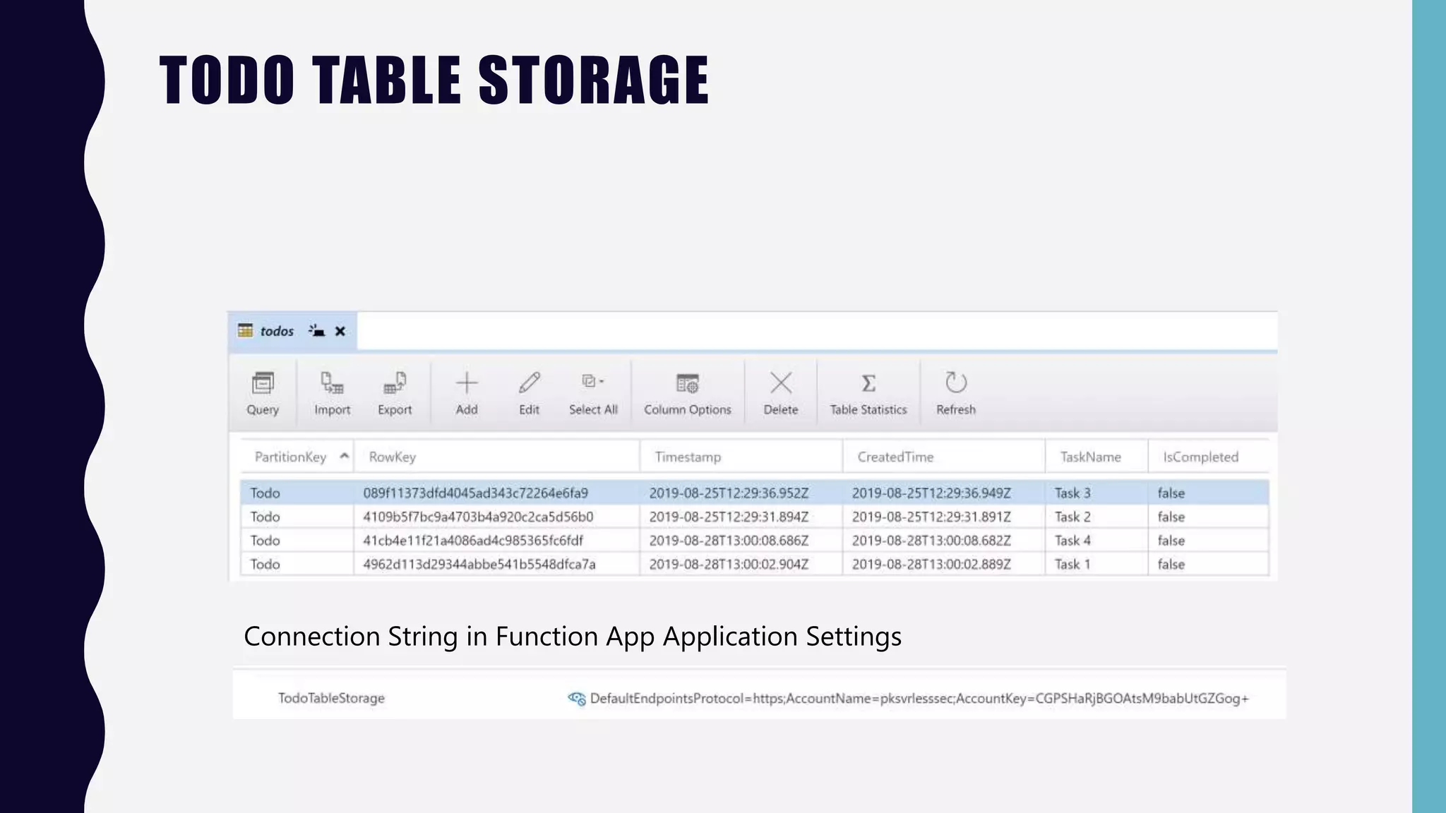 TODO TABLE STORAGE
Connection String in Function App Application Settings
 