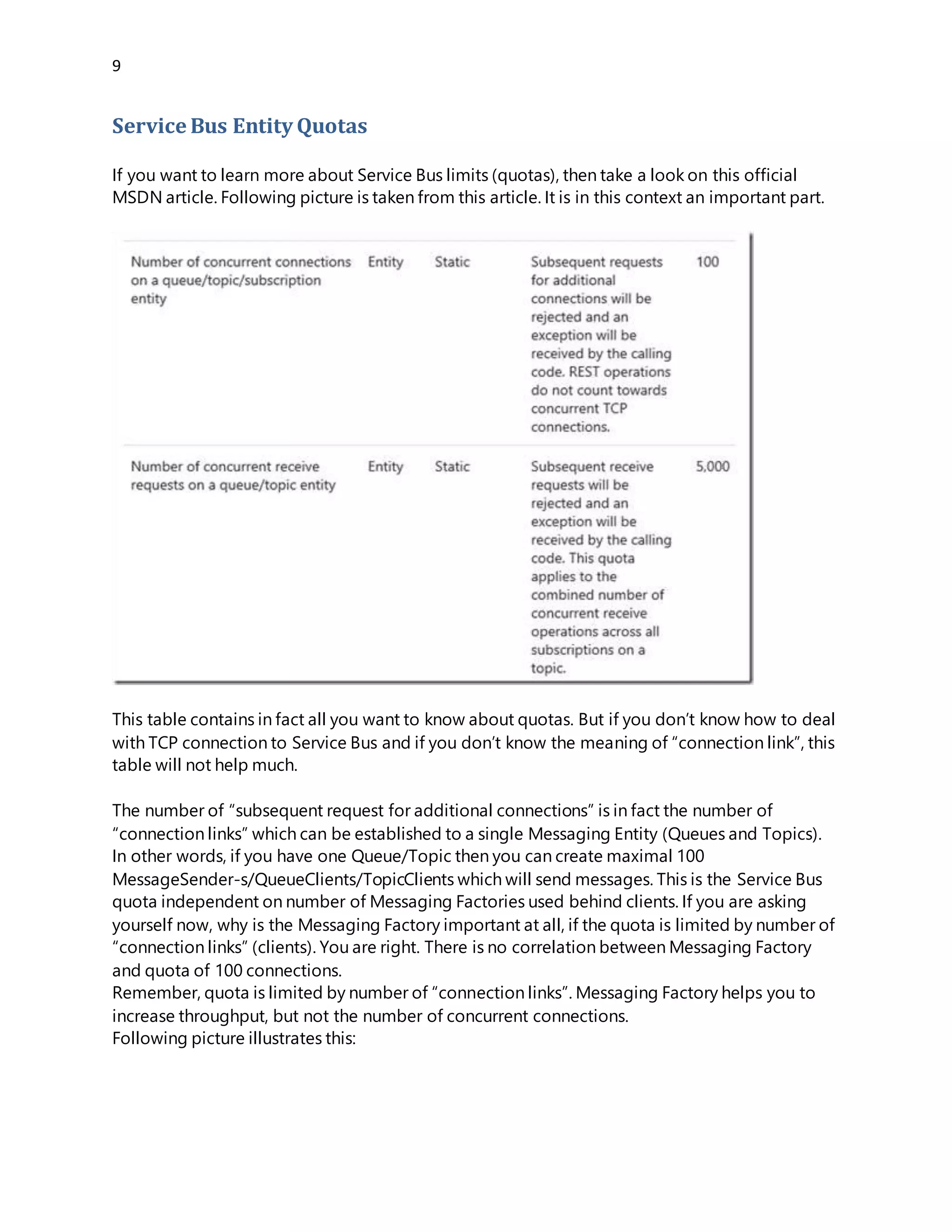 9
This table contains in fact all you want to know about quotas. But if you don’t know how to deal
with TCP connection to Service Bus and if you don’t know the meaning of “connection link”, this
table will not help much.
The number of “subsequent request for additional connections” is in fact the number of
“connection links” which can be established to a single Messaging Entity (Queues and Topics).
In other words, if you have one Queue/Topic then you can create maximal 100
MessageSender-s/QueueClients/TopicClients which will send messages. This is the Service Bus
quota independent on number of Messaging Factories used behind clients. If you are asking
yourself now, why is the Messaging Factory important at all, if the quota is limited by number of
“connection links” (clients). You are right. There is no correlation between Messaging Factory
and quota of 100 connections.
Remember, quota is limited by number of “connection links”. Messaging Factory helps you to
increase throughput, but not the number of concurrent connections.
Following picture illustrates this:
 