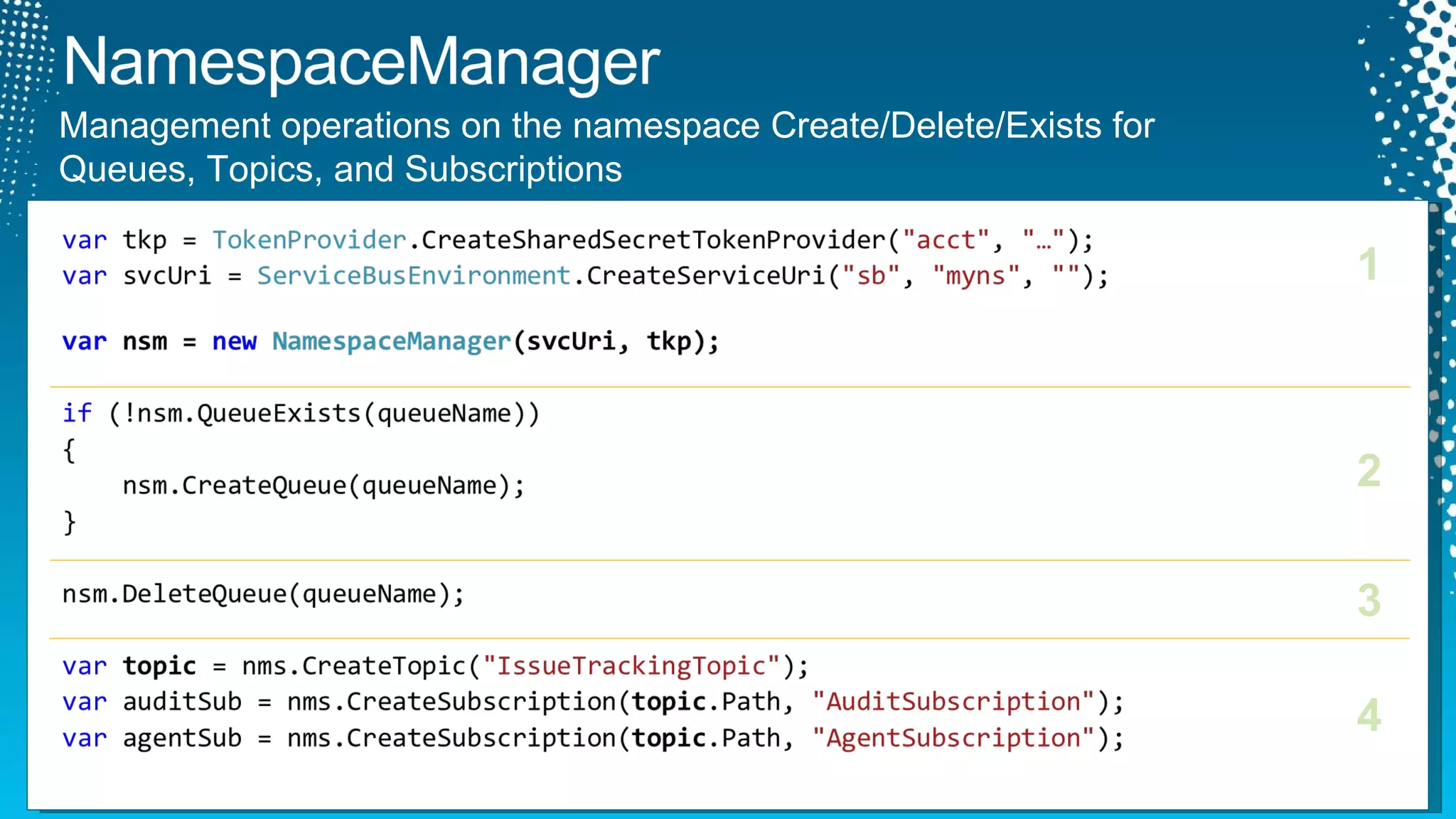 Management operations on the namespace Create/Delete/Exists for  Queues, Topics, and Subscriptions 1 2 3 4 