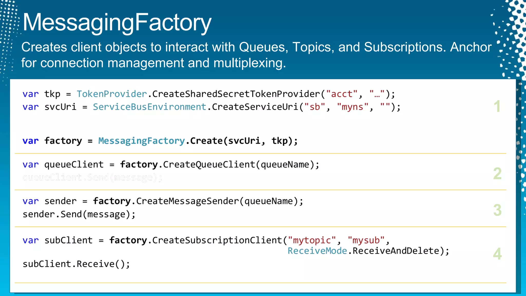 Creates client objects to interact with Queues, Topics, and Subscriptions. Anchor  for connection management and multiplexing.  1 2 3 4 