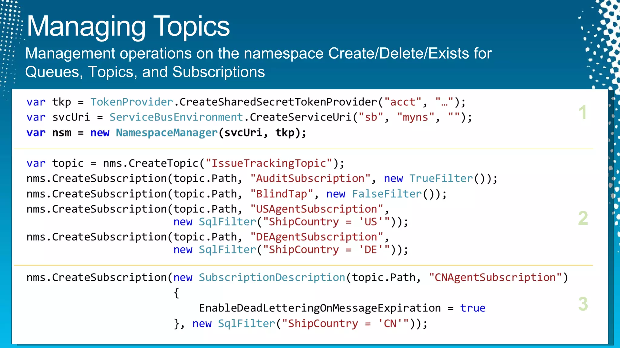 Management operations on the namespace Create/Delete/Exists for  Queues, Topics, and Subscriptions 1 2 3 