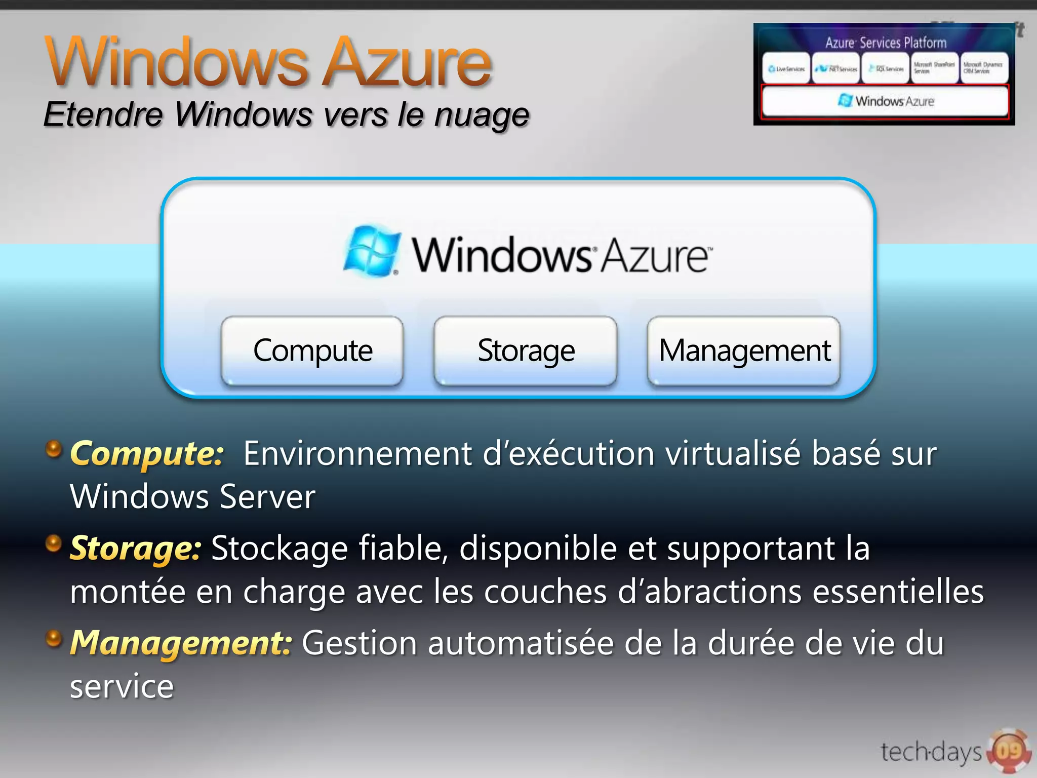 Qu'offre Azure ?Une plate-forme de services dimensionnée pour InternetDes scénarios simples faciles à gérer – des scénarios complexes possibles