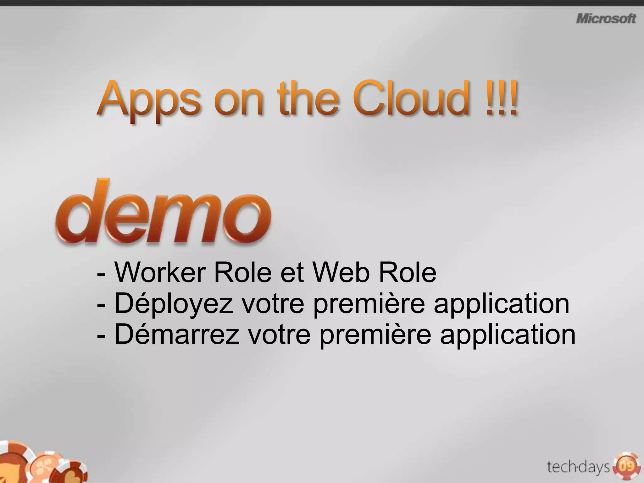 S’intègre avec les couches existantes comme AD ou d’autres applicationsOn-PremisesCloud ServicesVisual Studio  &  .NET“Oslo” - ModelingPartners