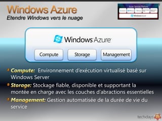 Qu'offre Azure ?Une plate-forme de services dimensionnée pour InternetDes scénarios simples faciles à gérer – des scénarios complexes possibles