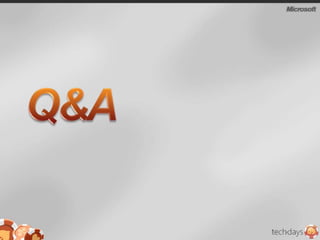  Administrez un projet Azure (LxPortal)Demo:  Hello Windows Azure Ce que vous avez vu…    Azure nous a fournit…Une application ASP.NETVisual Studio 2008 SP1Debugging local F5 Les rôles & instances sont définis dans un fichierLe portail AzureUn déploiement dans AzureBascule de pré-prod vers productionUn environnement pour exécuter notre codeDes machines, espace de stockage et connectivitéDéploiement et configuration automatisésIsolation, redondances et équilibrage de chargeSouplesse