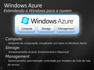 Windows Azure
    Estendendo o Windows para a nuvem




    Compute:
      Ambiente de computação virtualizado com base no Windows Server
    Storage:
      Armazenamento durável, dimensionável e disponível
    Management:
     Gerenciamento automatizado, controlado por modelos do ciclo de vida
     do serviço
8
 