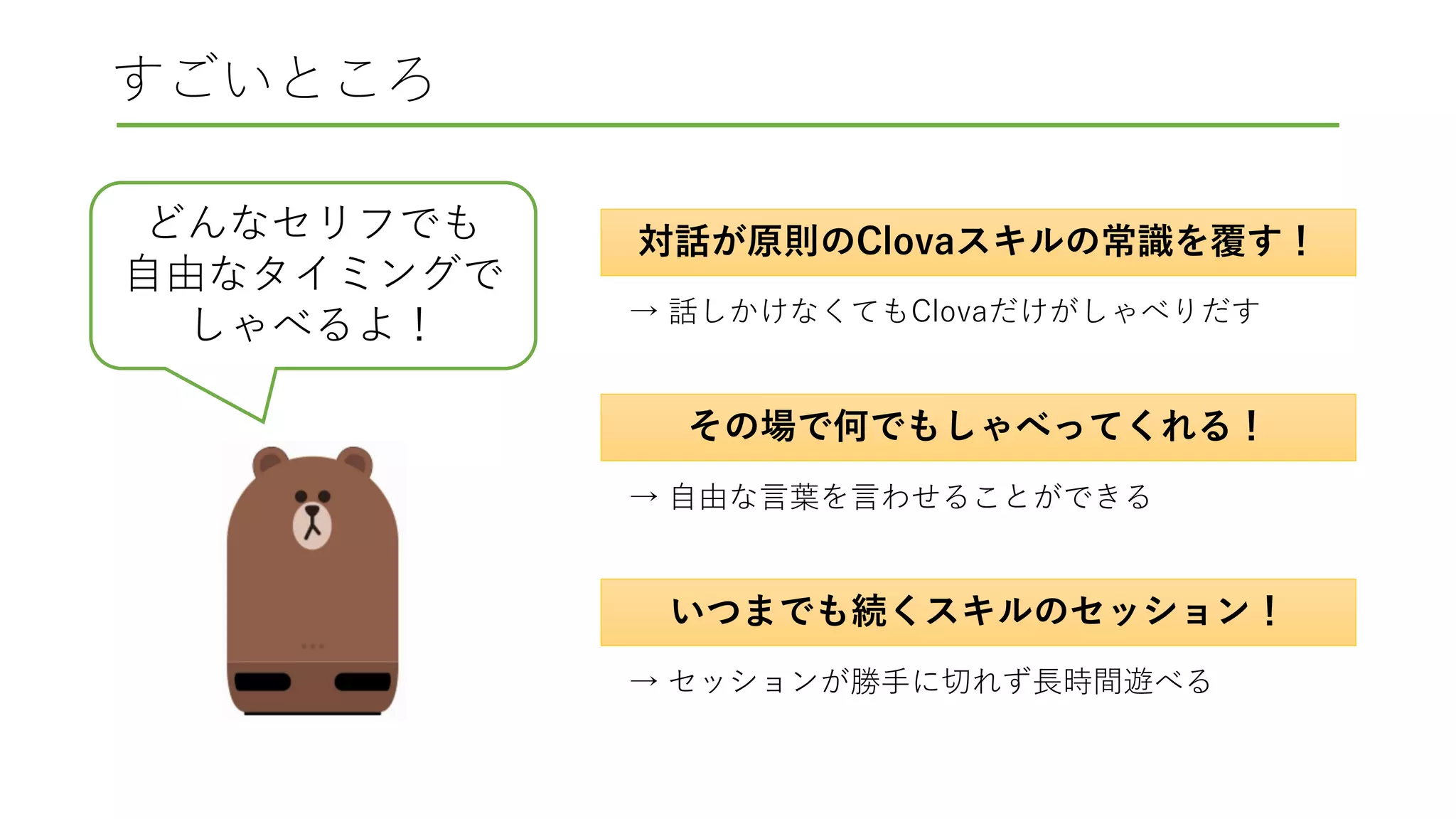 すごいところ
どんなセリフでも
自由なタイミングで
しゃべるよ！
対話が原則のClovaスキルの常識を覆す！
その場で何でもしゃべってくれる！
いつまでも続くスキルのセッション！
→ 話しかけなくてもClovaだけがしゃべりだす
→ 自由な言葉を言わせることができる
→ セッションが勝手に切れず長時間遊べる
 
