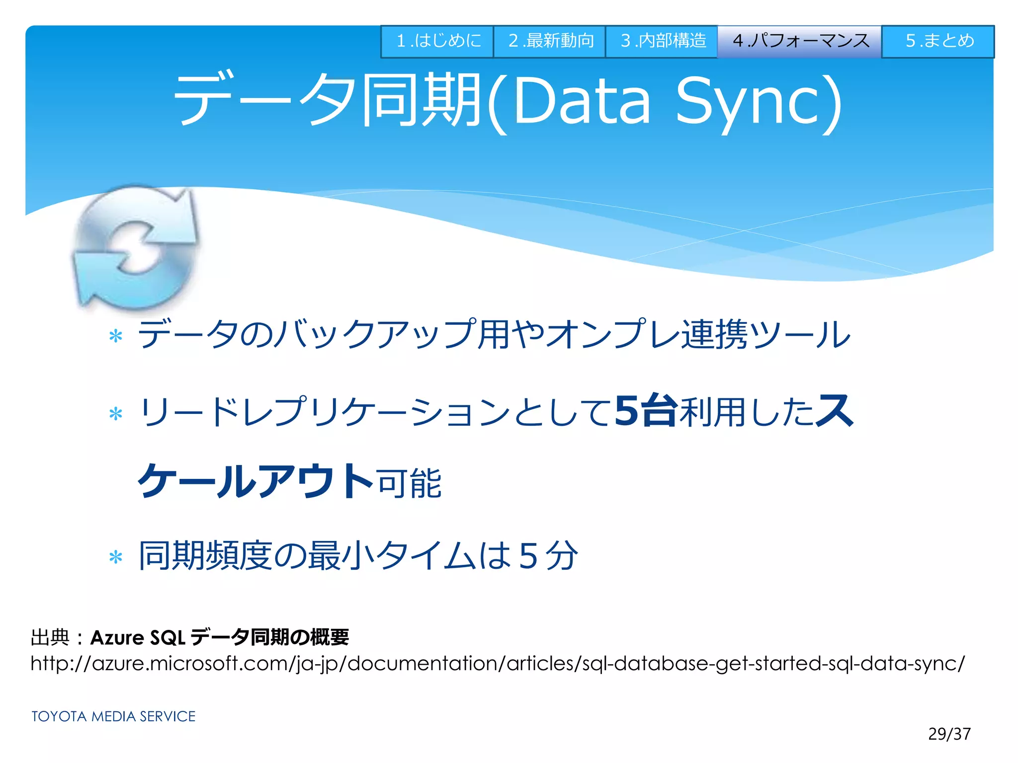 １.はじめに２.最新動向３.内部構造４.パフォーマンス５.まとめ 
29/37 
データ同期(Data Sync) 
 データのバックアップ用やオンプレ連携ツール 
 リードレプリケーションとして5台利用したス 
ケールアウト可能 
 同期頻度の最小タイムは５分 
出典：Azure SQL データ同期の概要 
http://azure.microsoft.com/ja-jp/documentation/articles/sql-database-get-started-sql-data-sync/ 
 