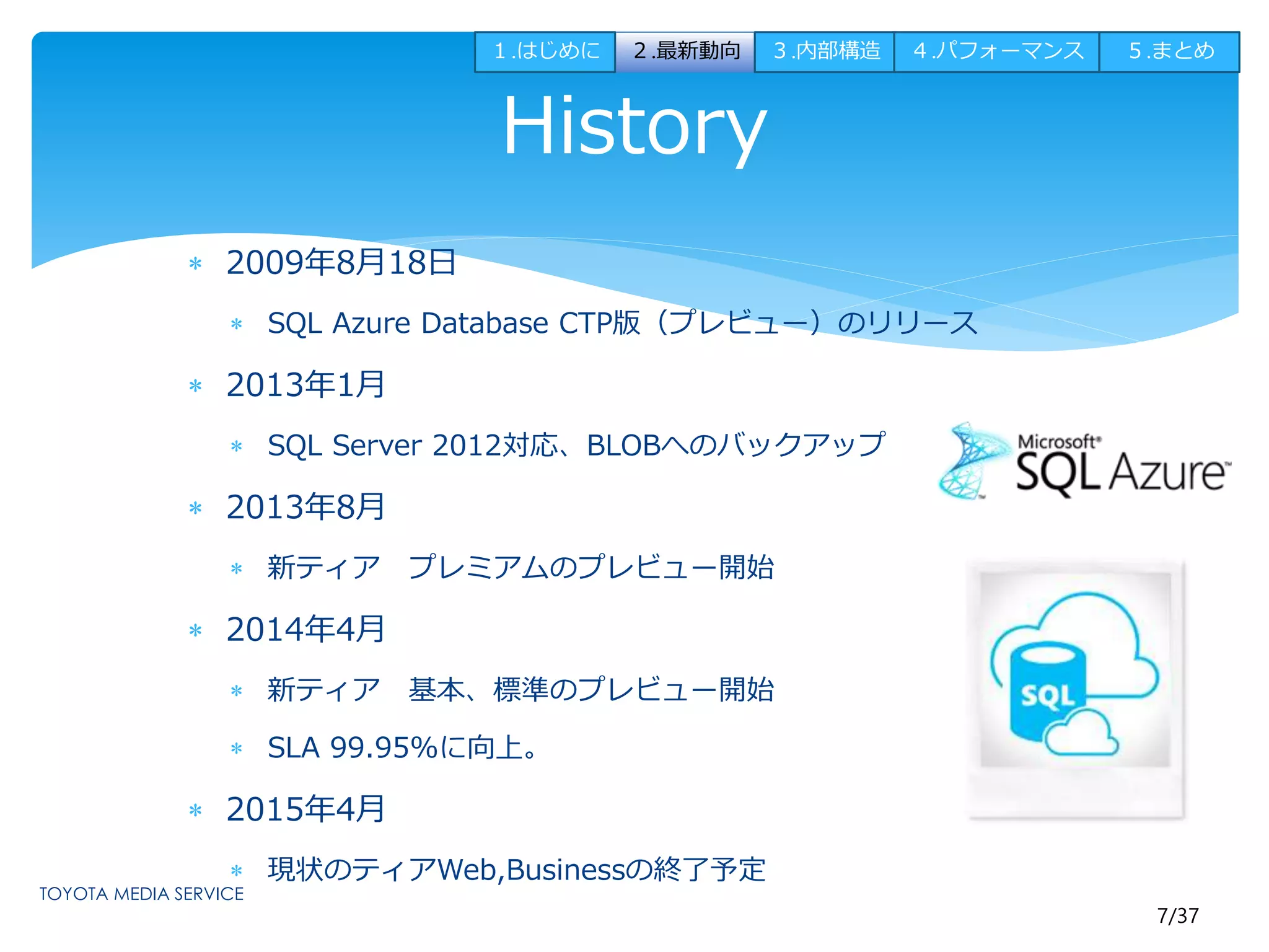 １.はじめに２.最新動向３.内部構造４.パフォーマンス５.まとめ 
7/37 
 2009年8月18日 
History 
 SQL Azure Database CTP版（プレビュー）のリリース 
 2013年1月 
 SQL Server 2012対応、BLOBへのバックアップ 
 2013年8月 
 新ティアプレミアムのプレビュー開始 
 2014年4月 
 新ティア基本、標準のプレビュー開始 
 SLA 99.95%に向上。 
 2015年4月 
 現状のティアWeb,Businessの終了予定 
 