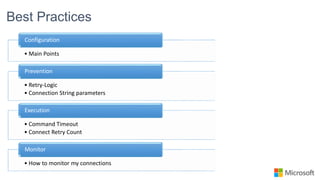 Best Practices
• Main Points
Configuration
• Retry-Logic
• Connection String parameters
Prevention
• Command Timeout
• Connect Retry Count
Execution
• How to monitor my connections
Monitor
 