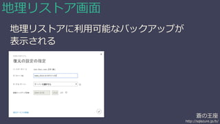 蒼の王座 
http://sqlazure.jp/b/ 
地理リストア画面 
地理リストアに利用可能なバックアップが 
表示される 
 