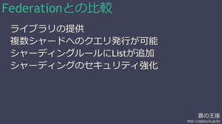蒼の王座 
http://sqlazure.jp/b/ 
Federationとの比較 
ライブラリの提供 
複数シャードへのクエリ発行が可能 
シャーディングルールにListが追加 
シャーディングのセキュリティ強化 
 