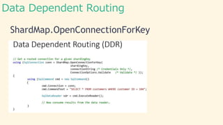 Data Dependent Routing 
ShardMap.OpenConnectionForKey 
 