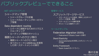 蒼の王座 
http://sqlazure.jp/b/ 
パブリックプレビューでできること 
.NET APIクライアント管理サービス 
シャードマップ管理 
• シャードグループの定義 
• シャードのルーティングキーのマッ 
プ管理 
Data dependent routing 
• シャードに接続するためのリクエス 
トルーティング 
• ルーティング情報のキャッシュ 
複数シャードへのクエリ発行 
• 複数シャードへのクエリ発行 
• 全てのシャードにUNION ALLを使用 
した同一ステートメントの実行 
スプリット/マージサービス 
• スケールユニットの追加、削除によるキャパ 
シティーの拡張、縮退 
• スケールユニットの動的変更 
• ポリシーによる動的トリガー 
ツールとサンプル 
Federation Migration Utility 
• FederationからElastic Scaleへの移行 
Shard Elasticity 
• Azure Automationを利用したポリシーベース 
の分割 
Entity Framework 
• Elastic Scaleのガイドライン 
 