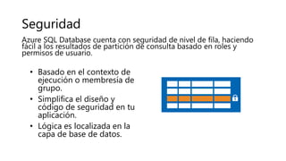 Seguridad
• Basado en el contexto de
ejecución o membresía de
grupo.
• Simplifica el diseño y
código de seguridad en tu
aplicación.
• Lógica es localizada en la
capa de base de datos.
Azure SQL Database cuenta con seguridad de nivel de fila, haciendo
fácil a los resultados de partición de consulta basado en roles y
permisos de usuario.
 
