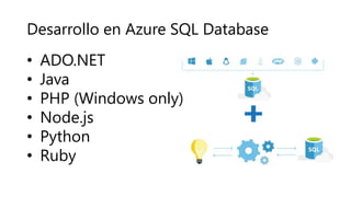 Desarrollo en Azure SQL Database
• ADO.NET
• Java
• PHP (Windows only)
• Node.js
• Python
• Ruby
 