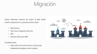 Existen diferentes maneras de migrar la data desde
nuestros repositorios on premises hacia la nube:
• Data Factory
• SQL Server Integration Services
• BCP
• Utilitario SQL Azure MW
Consideraciones
• https://docs.microsoft.com/en-us/azure/sql-
database/sql-database-cloud-migrate
 