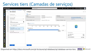 Services tiers (Camadas de serviços)
Disponível em https://docs.microsoft.com/pt-br/azure/sql-database/sql-database-service-tiers
 