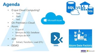 Agenda
• O que Cloud Computing?
• Saas
• PaaS
• IaaS
• On-Premises x Cloud
• Azure
• O que é?
• Serviços de SQL DataBase
• Serviços de ADF
• ADF
• Extract, Transform, Load (ETL)
• DEMO DMA
 