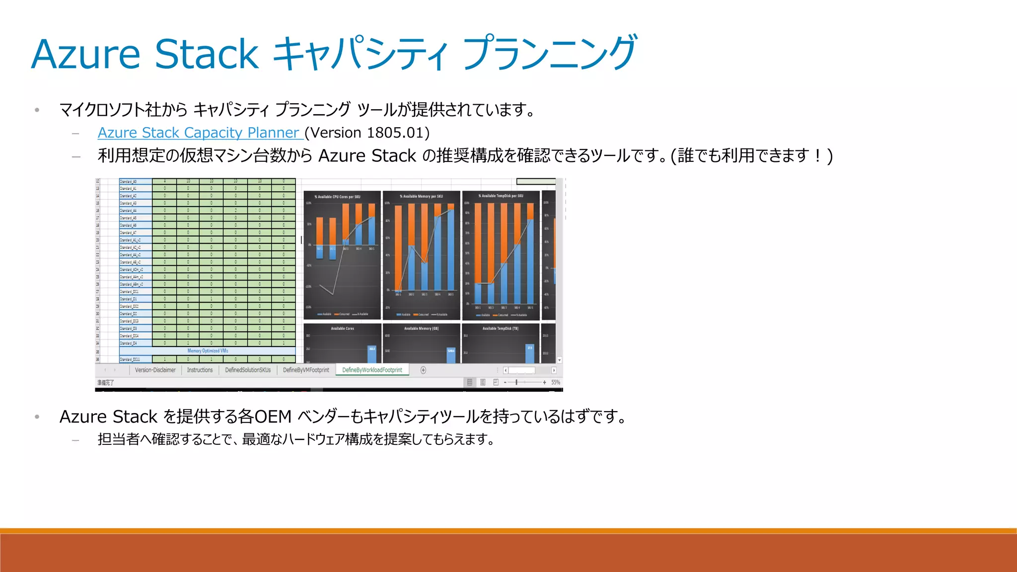 Azure Stack キャパシティ プランニング
• マイクロソフト社から キャパシティ プランニング ツールが提供されています。
– Azure Stack Capacity Planner (Version 1805.01)
– 利用想定の仮想マシン台数から Azure Stack の推奨構成を確認できるツールです。(誰でも利用できます！)
• Azure Stack を提供する各OEM ベンダーもキャパシティツールを持っているはずです。
– 担当者へ確認することで、最適なハードウェア構成を提案してもらえます。
 