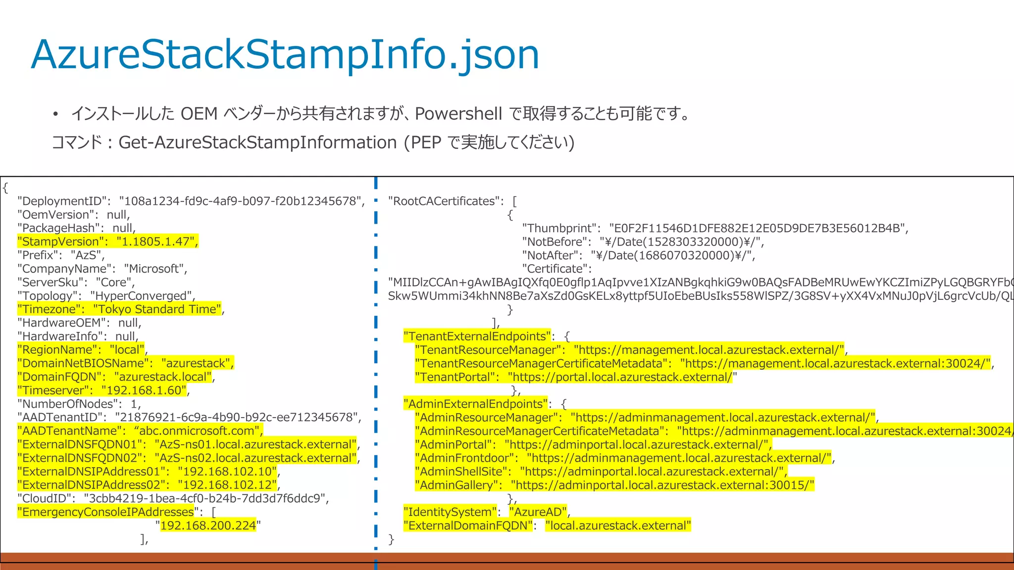 AzureStackStampInfo.json
• インストールした OEM ベンダーから共有されますが、Powershell で取得することも可能です。
コマンド：Get-AzureStackStampInformation (PEP で実施してください)
{
"DeploymentID": "108a1234-fd9c-4af9-b097-f20b12345678",
"OemVersion": null,
"PackageHash": null,
"StampVersion": "1.1805.1.47",
"Prefix": "AzS",
"CompanyName": "Microsoft",
"ServerSku": "Core",
"Topology": "HyperConverged",
"Timezone": "Tokyo Standard Time",
"HardwareOEM": null,
"HardwareInfo": null,
"RegionName": "local",
"DomainNetBIOSName": "azurestack",
"DomainFQDN": "azurestack.local",
"Timeserver": "192.168.1.60",
"NumberOfNodes": 1,
"AADTenantID": "21876921-6c9a-4b90-b92c-ee712345678",
"AADTenantName": “abc.onmicrosoft.com",
"ExternalDNSFQDN01": "AzS-ns01.local.azurestack.external",
"ExternalDNSFQDN02": "AzS-ns02.local.azurestack.external",
"ExternalDNSIPAddress01": "192.168.102.10",
"ExternalDNSIPAddress02": "192.168.102.12",
"CloudID": "3cbb4219-1bea-4cf0-b24b-7dd3d7f6ddc9",
"EmergencyConsoleIPAddresses": [
"192.168.200.224"
],
"RootCACertificates": [
{
"Thumbprint": "E0F2F11546D1DFE882E12E05D9DE7B3E56012B4B",
"NotBefore": "¥/Date(1528303320000)¥/",
"NotAfter": "¥/Date(1686070320000)¥/",
"Certificate":
"MIIDlzCCAn+gAwIBAgIQXfq0E0gflp1AqIpvve1XIzANBgkqhkiG9w0BAQsFADBeMRUwEwYKCZImiZPyLGQBGRYFbG
Skw5WUmmi34khNN8Be7aXsZd0GsKELx8yttpf5UIoEbeBUsIks558WlSPZ/3G8SV+yXX4VxMNuJ0pVjL6grcVcUb/QL
}
],
"TenantExternalEndpoints": {
"TenantResourceManager": "https://management.local.azurestack.external/",
"TenantResourceManagerCertificateMetadata": "https://management.local.azurestack.external:30024/",
"TenantPortal": "https://portal.local.azurestack.external/"
},
"AdminExternalEndpoints": {
"AdminResourceManager": "https://adminmanagement.local.azurestack.external/",
"AdminResourceManagerCertificateMetadata": "https://adminmanagement.local.azurestack.external:30024/
"AdminPortal": "https://adminportal.local.azurestack.external/",
"AdminFrontdoor": "https://adminmanagement.local.azurestack.external/",
"AdminShellSite": "https://adminportal.local.azurestack.external/",
"AdminGallery": "https://adminportal.local.azurestack.external:30015/"
},
"IdentitySystem": "AzureAD",
"ExternalDomainFQDN": "local.azurestack.external"
}
 