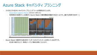 Azure Stack キャパシティ プランニング
• マイクロソフト社から キャパシティ プランニング ツールが提供されています。
– Azure Stack Capacity Planner (Version 1805.01)
– 利用想定の仮想マシン台数から Azure Stack の推奨構成を確認できるツールです。(誰でも利用できます！)
• Azure Stack を提供する各OEM ベンダーもキャパシティツールを持っているはずです。
– 担当者へ確認することで、最適なハードウェア構成を提案してもらえます。
 