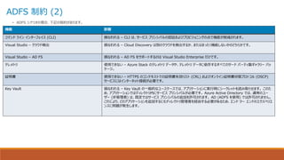 ADFS 制約 (2)
• ADFS シナリオの場合、下記の制約があります。
機能 影響
コマンド ライン インターフェイス (CLI) 損なわれる – CLI は、サービス プリンシパルの認証およびプロビジョニングの点で機能が削減されます。
Visual Studio – クラウド検出 損なわれる – Cloud Discovery は別のクラウドを検出するか、またはまったく機能しないかのどちらかです。
Visual Studio – AD FS 損なわれる – AD FS をサポートするのは Visual Studio Enterprise だけです。
テレメトリ 使用できない – Azure Stack のテレメトリ データや、テレメトリ データに依存するすべてのサード パーティ製ギャラリー パッ
ケージ。
証明書 使用できない – HTTPS のコンテキストでの証明書失効リスト (CRL) およびオンライン証明書状態プロトコル (OSCP)
サービスにはインターネット接続が必要です。
Key Vault 損なわれる – Key Vault の一般的なユースケースでは、アプリケーションに実行時にシークレットを読み取らせます。 このた
め、アプリケーションではディレクトリ内にサービス プリンシパルが必要です。 Azure Active Directory では、通常のユー
ザー (非管理者) は、既定ではサービス プリンシパルの追加を許可されます。 AD (ADFS を使用) では許可されません。
これにより、どのアプリケーションを追加するにもディレクトリ管理者を経由する必要があるため、エンド ツー エンドのエクスペリエ
ンスに問題が発生します。
 