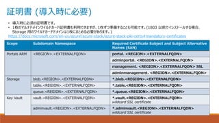 証明書 (導入時に必要)
Scope Subdomain Namespace Required Certificate Subject and Subject Alternative
Names (SAN)
Portals ARM <REGION>.<EXTERNALFQDN> portal. <REGION>.<EXTERNALFQDN>
adminportal. <REGION>.<EXTERNALFQDN>
management. <REGION>.<EXTERNALFQDN> SSL
adminmanagement. <REGION>.<EXTERNALFQDN>
Storage blob.<REGION>.<EXTERNALFQDN> *.blob.<REGION>.<EXTERNALFQDN>
table.<REGION>.<EXTERNALFQDN> *.table.<REGION>.<EXTERNALFQDN>
queue.<REGION>.<EXTERNALFQDN> *.queue.<REGION>.<EXTERNALFQDN>
Key Vault vault.<REGION>.<EXTERNALFQDN> *.vault.<REGION>.<EXTERNALFQDN>
wildcard SSL certificate
adminvault.<REGION>.<EXTERNALFQDN> *.adminvault.<REGION>.<EXTERNALFQDN>
wildcard SSL certificate
• 導入時に必須の証明書です。
• 1枚のマルチドメインワイルドカード証明書も利用できますが、1枚ずつ準備することも可能です。(1803 以前でインストールする場合、
Storage 用のワイルドカードドメインは1枚にまとめる必要があります。)
https://docs.microsoft.com/en-us/azure/azure-stack/azure-stack-pki-certs#mandatory-certificates
 