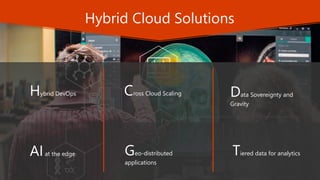 Data Sovereignty and
Gravity
Hybrid DevOps Cross Cloud Scaling
Tiered data for analyticsAIat the edge Geo-distributed
applications
Hybrid Cloud Solutions
 