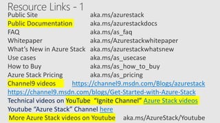 Public Site aka.ms/azurestack
Public Documentation aka.ms/azurestackdocs
FAQ aka.ms/as_faq
Whitepaper aka.ms/Azurestackwhitepaper
What’s New in Azure Stack aka.ms/azurestackwhatsnew
Use cases aka.ms/as_usecase
How to Buy aka.ms/as_how_to_buy
Azure Stack Pricing aka.ms/as_pricing
Channel9 videos https://channel9.msdn.com/Blogs/azurestack
https://channel9.msdn.com/blogs/Get-Started-with-Azure-Stack
Technical videos on YouTube “Ignite Channel” Azure Stack videos
Youtube “Azure Stack” Channel here
More Azure Stack videos on Youtube aka.ms/AzureStack/Youtube
 