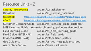 Capacity Planner/Sizing aka.ms/azstackplanner
Datasheet aka.ms/as_product_datasheet
Roadmap https://azure.microsoft.com/en-us/updates/?product=azure-stack
eBook Azure Stack: Building an end-to-end validation environment
Customer Licensing Guide aka.ms/as_licensing_guide_customer
MSP Licensing Guide aka.ms/as_licensing_guide_serviceprovider
Field licensing Guide aka.ms/as_field_licensing_guide
Field Guide (INTERNAL) aka.ms/as_field_guide
Infopedia (INTERNAL) aka.ms/infopediaazurestack
Geo Guidance aka.ms/as_geo_msg_guidance_doc
Azure Stack Forum aka.ms/azurestackforum
 