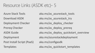 Azure Stack Tools aka.ms/as_azurestack_tools
Download ASDK aka.ms/as_azurestack_try
Deployment Checker aka.ms/as_deploy_checker
Prereq Checker aka.ms/as_deploy_prereq
ASDK Guide aka.ms/as_deploy_quickstart_overview
Deployment aka.ms/azurestackdeployment
Post Install Script (PaaS) aka.ms/configasdk
Templates aka.ms/as_quickstart_templates
 