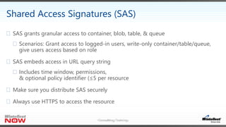 Consulting/Training
Shared Access Signatures (SAS)
 SAS grants granular access to container, blob, table, & queue
 Scenarios: Grant access to logged-in users, write-only container/table/queue,
give users access based on role
 SAS embeds access in URL query string
 Includes time window, permissions,
& optional policy identifier (≤5 per resource
 Make sure you distribute SAS securely
 Always use HTTPS to access the resource
 