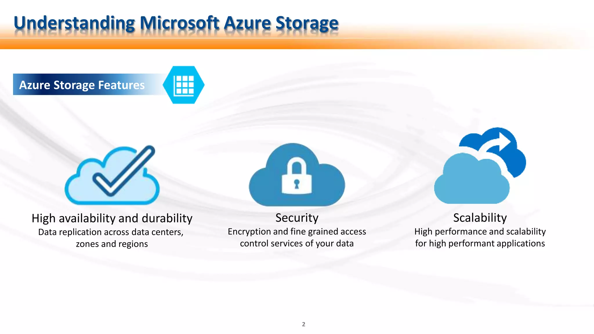 2
Azure Storage Features
Understanding Microsoft Azure Storage
High availability and durability
Data replication across data centers,
zones and regions
Security
Encryption and fine grained access
control services of your data
Scalability
High performance and scalability
for high performant applications
 
