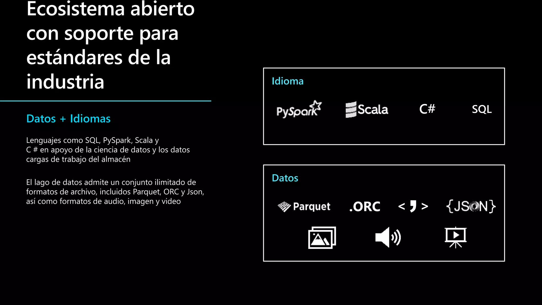 Datos + Idiomas
Lenguajes como SQL, PySpark, Scala y
C # en apoyo de la ciencia de datos y los datos
cargas de trabajo del almacén
El lago de datos admite un conjunto ilimitado de
formatos de archivo, incluidos Parquet, ORC y Json,
así como formatos de audio, imagen y video
Idioma
Datos
 