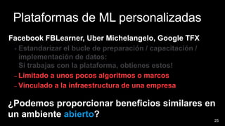 25
Plataformas de ML personalizadas
Facebook FBLearner, Uber Michelangelo, Google TFX
+ Estandarizar el bucle de preparación / capacitación /
implementación de datos:
Si trabajas con la plataforma, obtienes estos!
– Limitado a unos pocos algoritmos o marcos
– Vinculado a la infraestructura de una empresa
¿Podemos proporcionar beneficios similares en
un ambiente abierto?
 