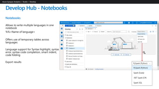 Develop Hub - Notebooks
Notebooks
Allows to write multiple languages in one
notebook
%%<Name of language>
Offers use of temporary tables across
languages
Language support for Syntax highlight, syntax
error, syntax code completion, smart indent,
code folding
Export results
 