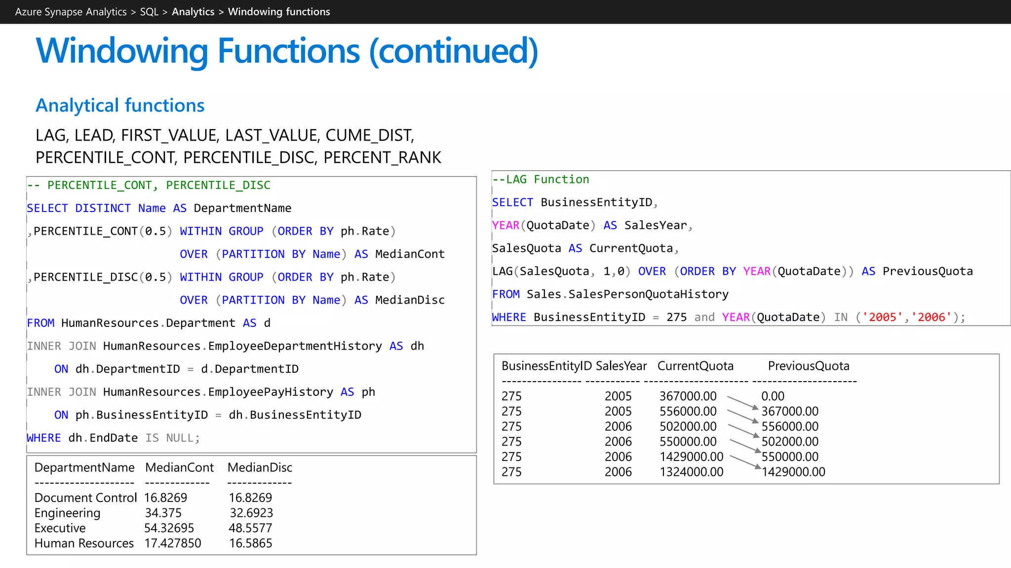 Analytical functions
LAG, LEAD, FIRST_VALUE, LAST_VALUE, CUME_DIST,
PERCENTILE_CONT, PERCENTILE_DISC, PERCENT_RANK
Windowing Functions (continued)
--LAG Function
SELECT BusinessEntityID,
YEAR(QuotaDate) AS SalesYear,
SalesQuota AS CurrentQuota,
LAG(SalesQuota, 1,0) OVER (ORDER BY YEAR(QuotaDate)) AS PreviousQuota
FROM Sales.SalesPersonQuotaHistory
WHERE BusinessEntityID = 275 and YEAR(QuotaDate) IN ('2005','2006');
BusinessEntityID SalesYear CurrentQuota PreviousQuota
---------------- ----------- --------------------- ---------------------
275 2005 367000.00 0.00
275 2005 556000.00 367000.00
275 2006 502000.00 556000.00
275 2006 550000.00 502000.00
275 2006 1429000.00 550000.00
275 2006 1324000.00 1429000.00
-- PERCENTILE_CONT, PERCENTILE_DISC
SELECT DISTINCT Name AS DepartmentName
,PERCENTILE_CONT(0.5) WITHIN GROUP (ORDER BY ph.Rate)
OVER (PARTITION BY Name) AS MedianCont
,PERCENTILE_DISC(0.5) WITHIN GROUP (ORDER BY ph.Rate)
OVER (PARTITION BY Name) AS MedianDisc
FROM HumanResources.Department AS d
INNER JOIN HumanResources.EmployeeDepartmentHistory AS dh
ON dh.DepartmentID = d.DepartmentID
INNER JOIN HumanResources.EmployeePayHistory AS ph
ON ph.BusinessEntityID = dh.BusinessEntityID
WHERE dh.EndDate IS NULL;
DepartmentName MedianCont MedianDisc
-------------------- ------------- -------------
Document Control 16.8269 16.8269
Engineering 34.375 32.6923
Executive 54.32695 48.5577
Human Resources 17.427850 16.5865
Azure Synapse Analytics > SQL >
 