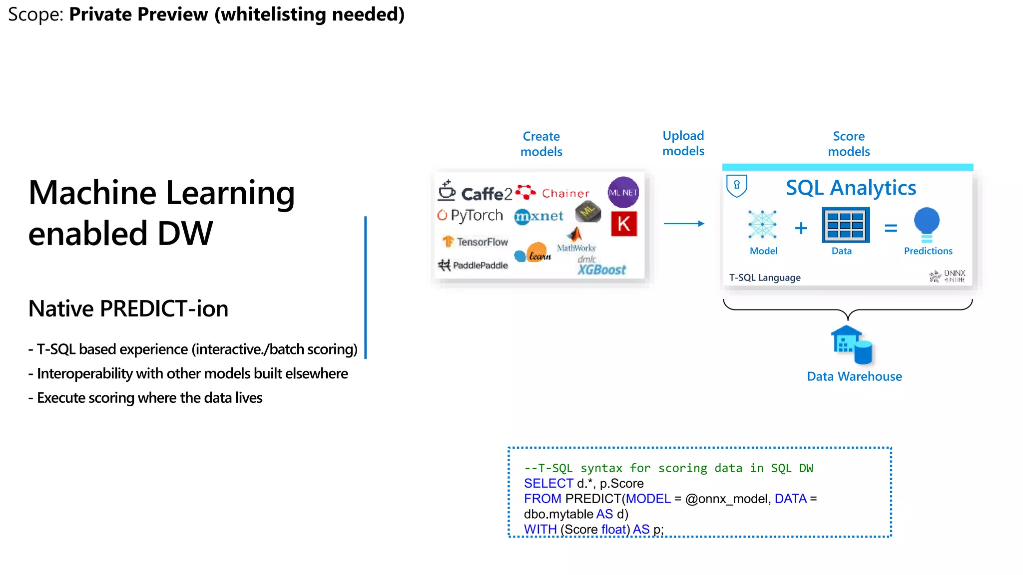 --T-SQL syntax for scoring data in SQL DW
SELECT d.*, p.Score
FROM PREDICT(MODEL = @onnx_model, DATA =
dbo.mytable AS d)
WITH (Score float) AS p;
Machine Learning
enabled DW
Native PREDICT-ion
- T-SQL based experience (interactive./batch scoring)
- Interoperability with other models built elsewhere
- Execute scoring where the data lives
Upload
models
T-SQL Language
Data Warehouse
Data
+
Score
models
Model
Create
models
Predictions
=
SQL Analytics
 