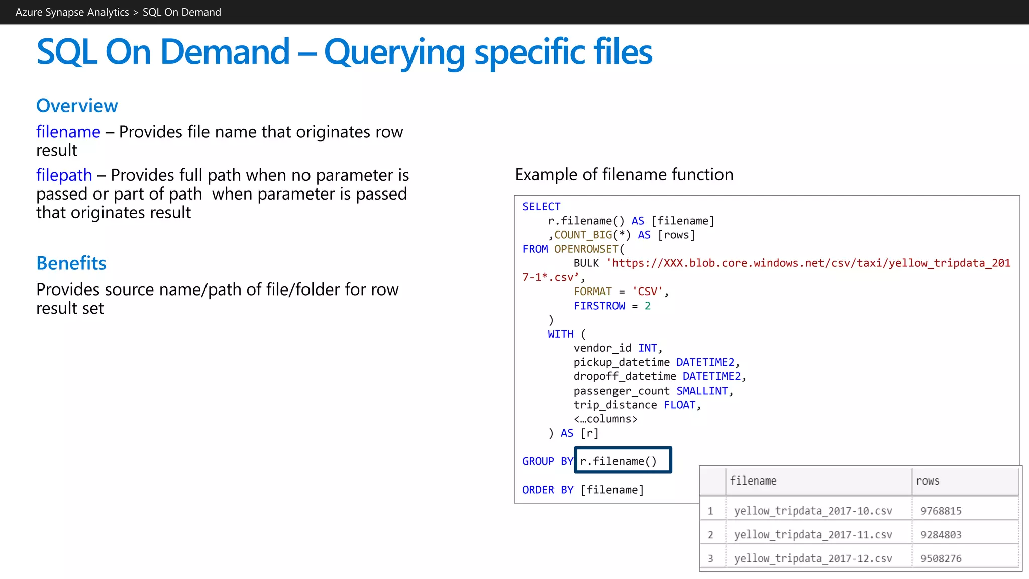 SQL On Demand – Querying specific files
Overview
filename – Provides file name that originates row
result
filepath – Provides full path when no parameter is
passed or part of path when parameter is passed
that originates result
Benefits
Provides source name/path of file/folder for row
result set
Azure Synapse Analytics > SQL On Demand
SELECT
r.filename() AS [filename]
,COUNT_BIG(*) AS [rows]
FROM OPENROWSET(
BULK 'https://XXX.blob.core.windows.net/csv/taxi/yellow_tripdata_201
7-1*.csv’,
FORMAT = 'CSV',
FIRSTROW = 2
)
WITH (
vendor_id INT,
pickup_datetime DATETIME2,
dropoff_datetime DATETIME2,
passenger_count SMALLINT,
trip_distance FLOAT,
<…columns>
) AS [r]
GROUP BY r.filename()
ORDER BY [filename]
Example of filename function
 