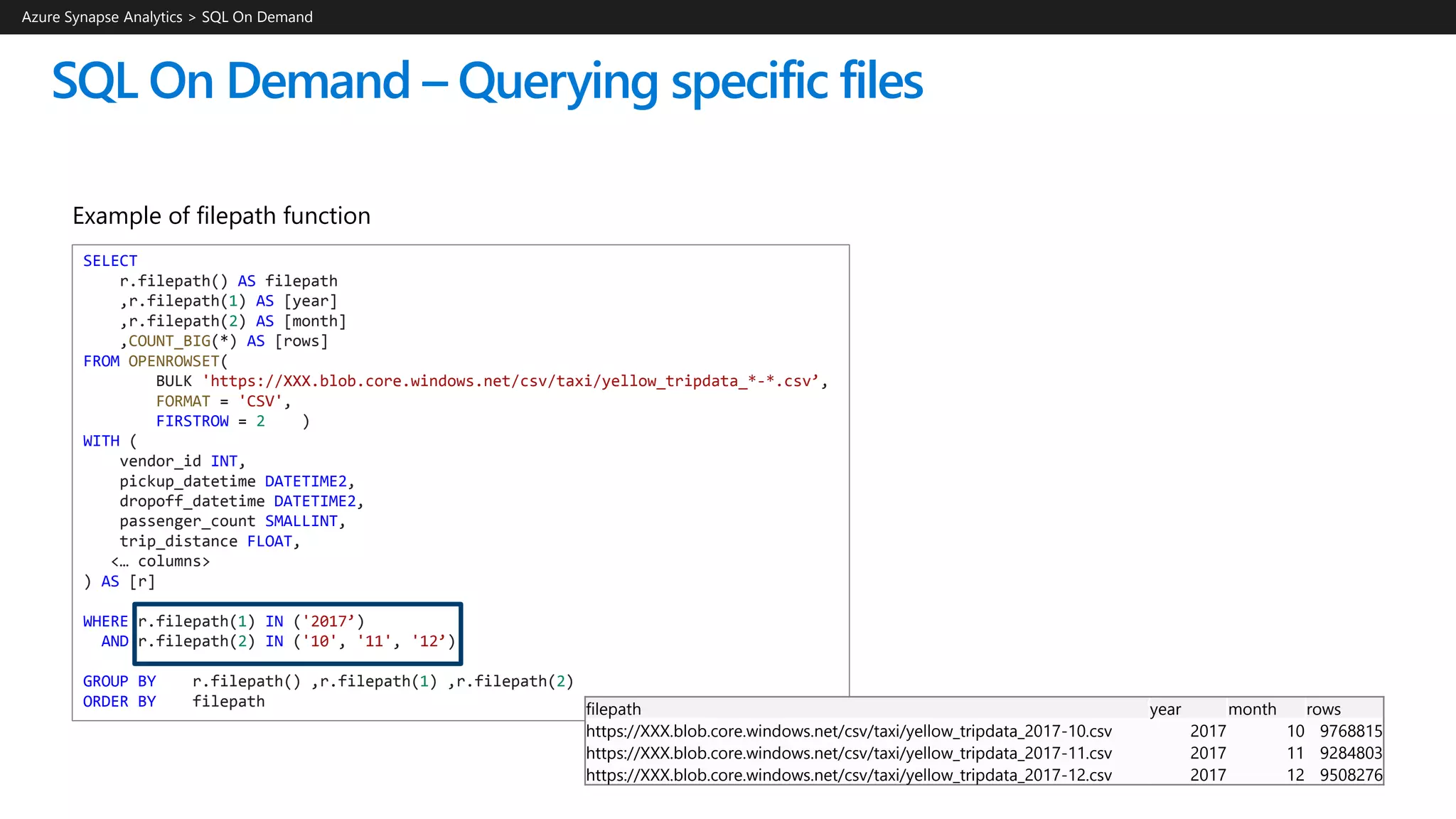 SQL On Demand – Querying specific files
Azure Synapse Analytics > SQL On Demand
SELECT
r.filepath() AS filepath
,r.filepath(1) AS [year]
,r.filepath(2) AS [month]
,COUNT_BIG(*) AS [rows]
FROM OPENROWSET(
BULK 'https://XXX.blob.core.windows.net/csv/taxi/yellow_tripdata_*-*.csv’,
FORMAT = 'CSV',
FIRSTROW = 2 )
WITH (
vendor_id INT,
pickup_datetime DATETIME2,
dropoff_datetime DATETIME2,
passenger_count SMALLINT,
trip_distance FLOAT,
<… columns>
) AS [r]
WHERE r.filepath(1) IN ('2017’)
AND r.filepath(2) IN ('10', '11', '12’)
GROUP BY r.filepath() ,r.filepath(1) ,r.filepath(2)
ORDER BY filepath filepath year month rows
https://XXX.blob.core.windows.net/csv/taxi/yellow_tripdata_2017-10.csv 2017 10 9768815
https://XXX.blob.core.windows.net/csv/taxi/yellow_tripdata_2017-11.csv 2017 11 9284803
https://XXX.blob.core.windows.net/csv/taxi/yellow_tripdata_2017-12.csv 2017 12 9508276
Example of filepath function
 