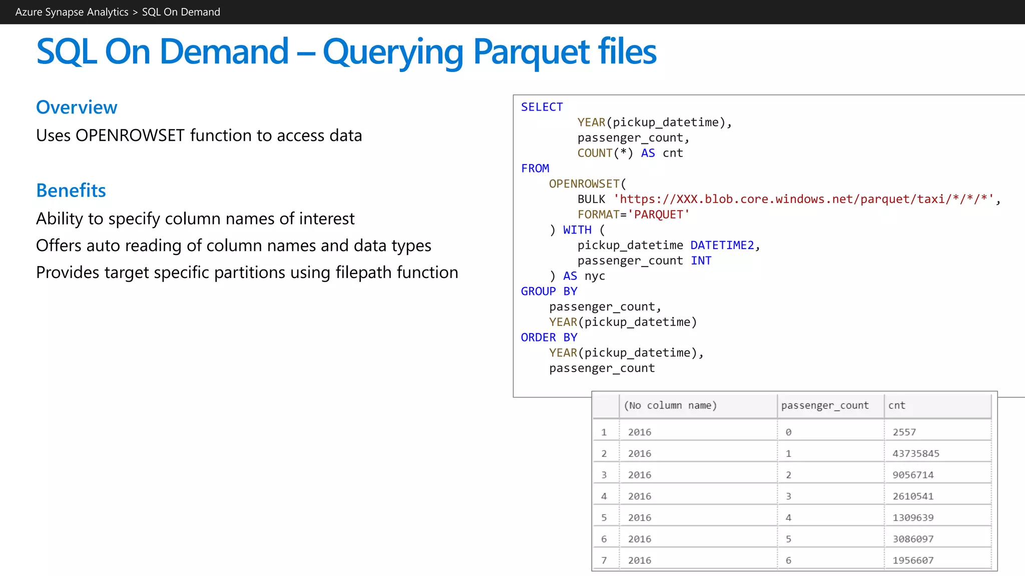 SQL On Demand – Querying Parquet files
Overview
Uses OPENROWSET function to access data
Benefits
Ability to specify column names of interest
Offers auto reading of column names and data types
Provides target specific partitions using filepath function
Azure Synapse Analytics > SQL On Demand
SELECT
YEAR(pickup_datetime),
passenger_count,
COUNT(*) AS cnt
FROM
OPENROWSET(
BULK 'https://XXX.blob.core.windows.net/parquet/taxi/*/*/*',
FORMAT='PARQUET'
) WITH (
pickup_datetime DATETIME2,
passenger_count INT
) AS nyc
GROUP BY
passenger_count,
YEAR(pickup_datetime)
ORDER BY
YEAR(pickup_datetime),
passenger_count
 