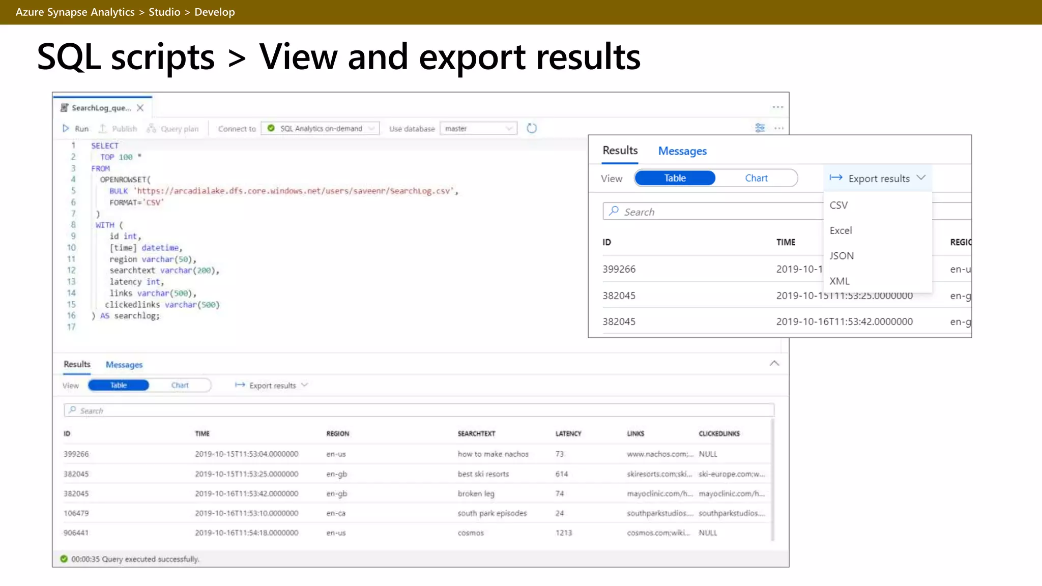 SQL scripts > View and export results
 