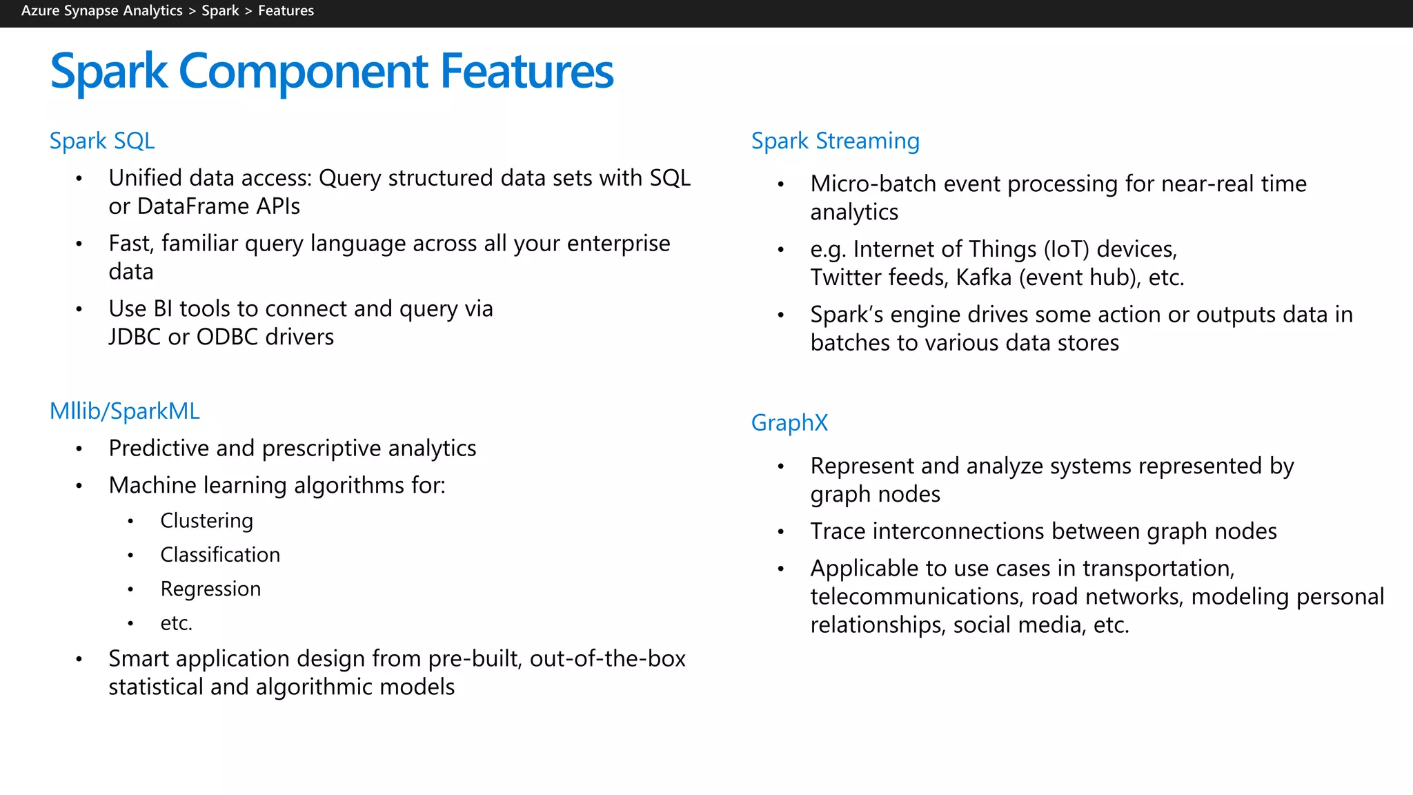 Spark SQL
Mllib/SparkML
Spark Component Features
Spark Streaming
GraphX
 