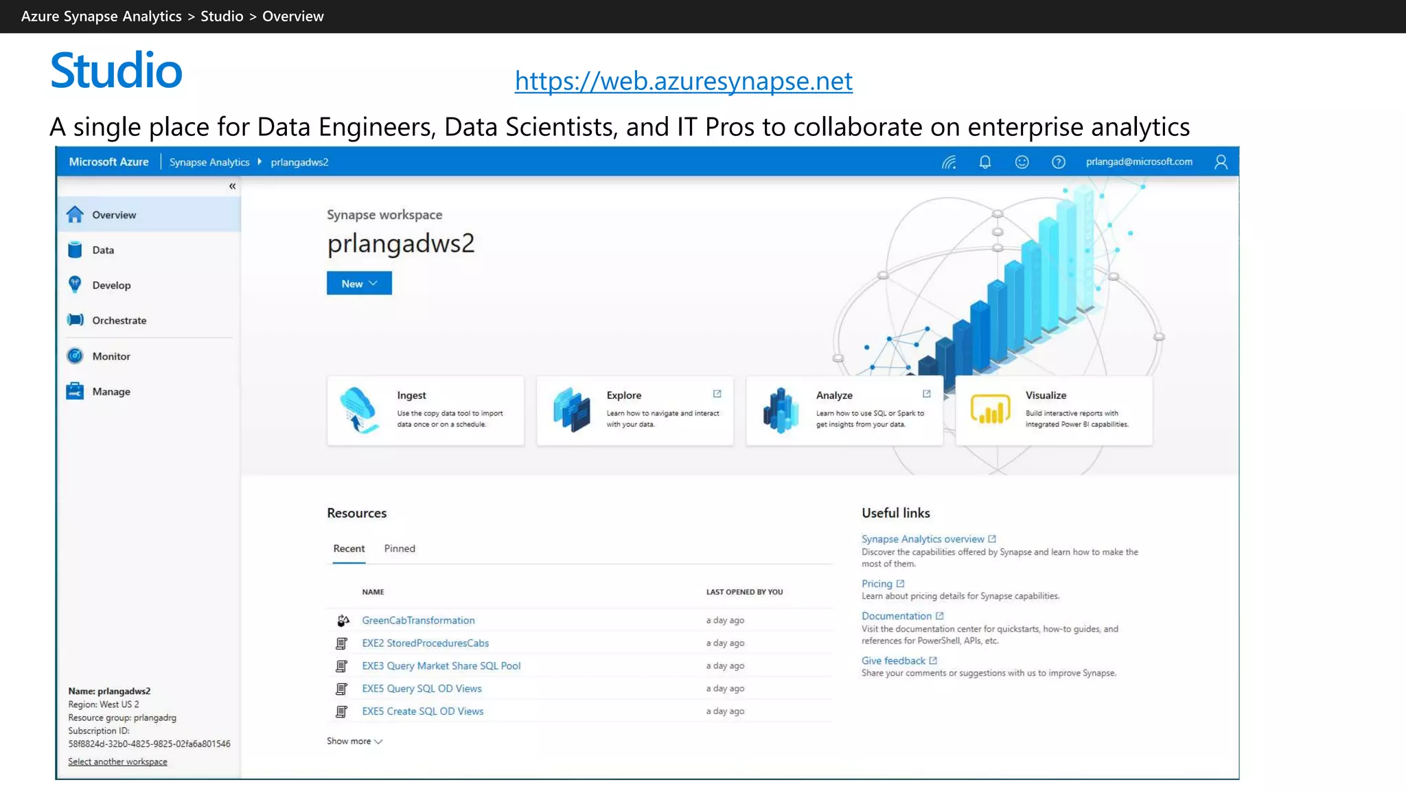 Studio
A single place for Data Engineers, Data Scientists, and IT Pros to collaborate on enterprise analytics
https://web.azuresynapse.net
 