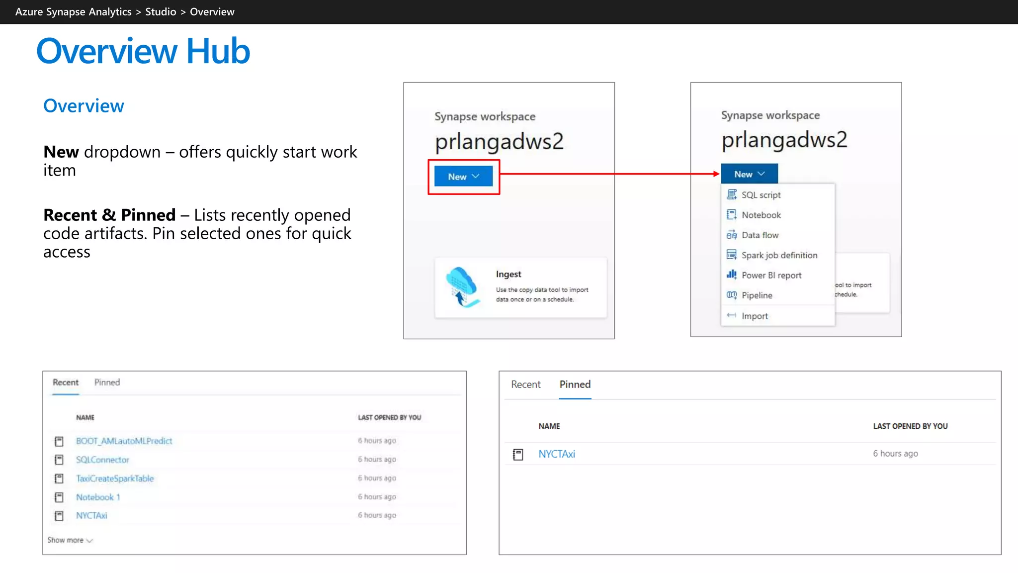 Overview Hub
Overview
New dropdown – offers quickly start work
item
Recent & Pinned – Lists recently opened
code artifacts. Pin selected ones for quick
access
 